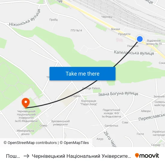 Поштова to Чернівецький Національний Університет Ім.Ю.Федьковича map