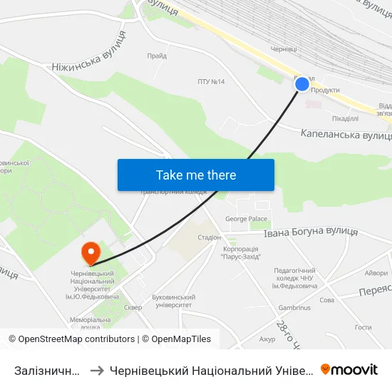 Залізничний Вокзал to Чернівецький Національний Університет Ім.Ю.Федьковича map