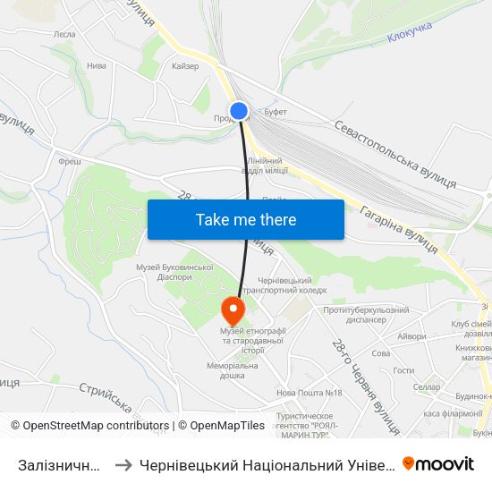Залізничне Училище to Чернівецький Національний Університет Ім.Ю.Федьковича map