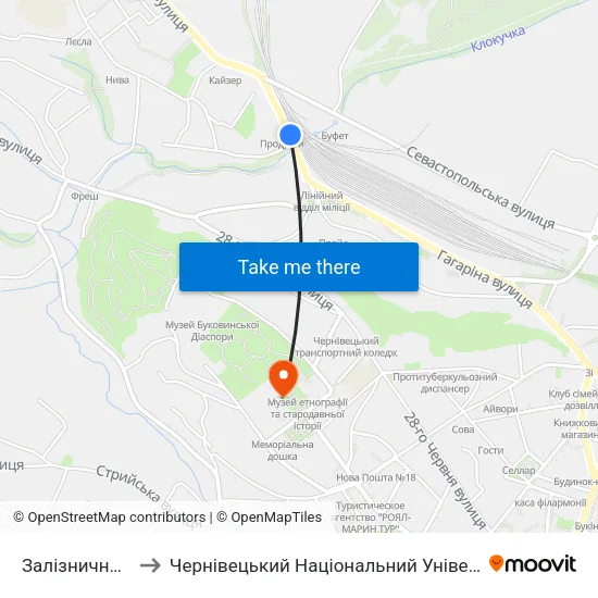 Залізничне Училище to Чернівецький Національний Університет Ім.Ю.Федьковича map