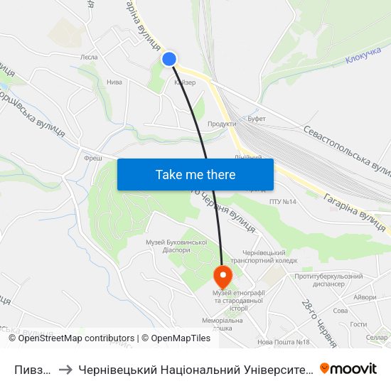 Пивзавод to Чернівецький Національний Університет Ім.Ю.Федьковича map