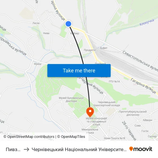 Пивзавод to Чернівецький Національний Університет Ім.Ю.Федьковича map