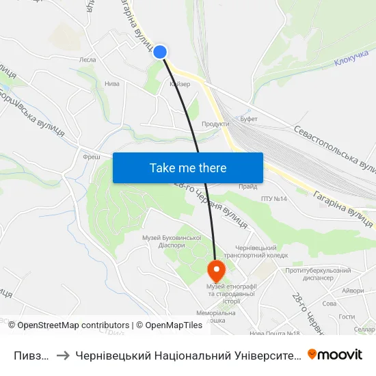 Пивзавод to Чернівецький Національний Університет Ім.Ю.Федьковича map