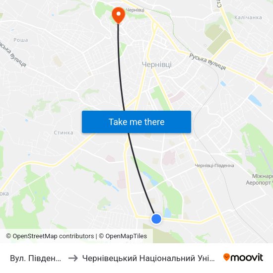 Вул. Південно-Кільцева to Чернівецький Національний Університет Ім.Ю.Федьковича map