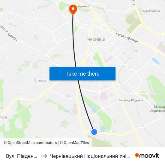 Вул. Південно-Кільцева to Чернівецький Національний Університет Ім.Ю.Федьковича map