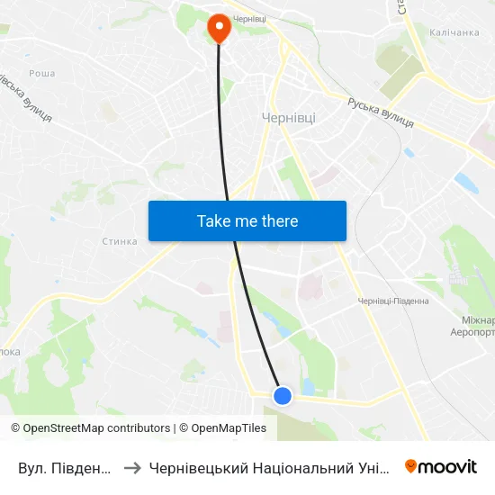 Вул. Південно-Кільцева to Чернівецький Національний Університет Ім.Ю.Федьковича map