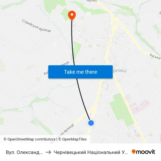Вул. Олександра Щербанюка to Чернівецький Національний Університет Ім.Ю.Федьковича map