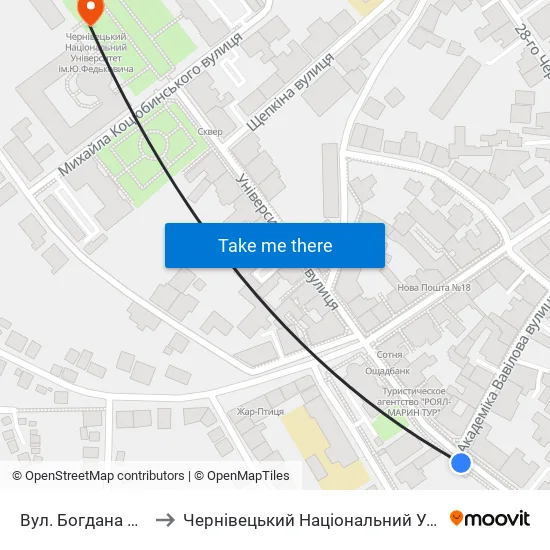 Вул. Богдана Хмельницького to Чернівецький Національний Університет Ім.Ю.Федьковича map