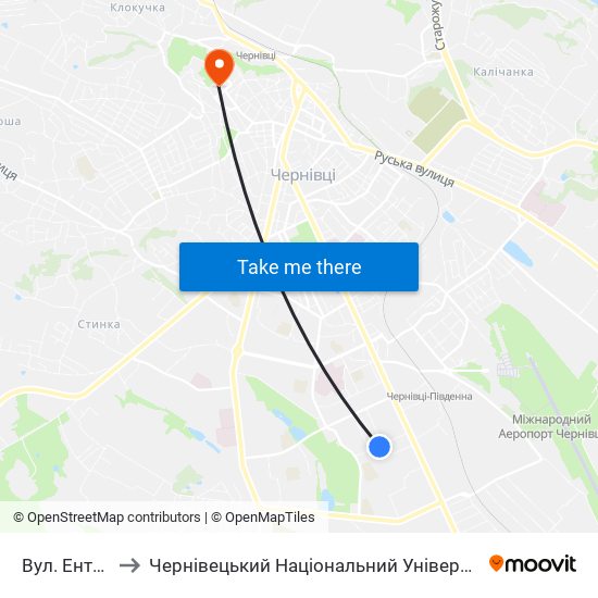 Вул. Ентузіастів to Чернівецький Національний Університет Ім.Ю.Федьковича map