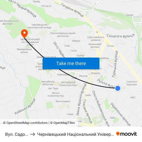Вул. Садовського to Чернівецький Національний Університет Ім.Ю.Федьковича map