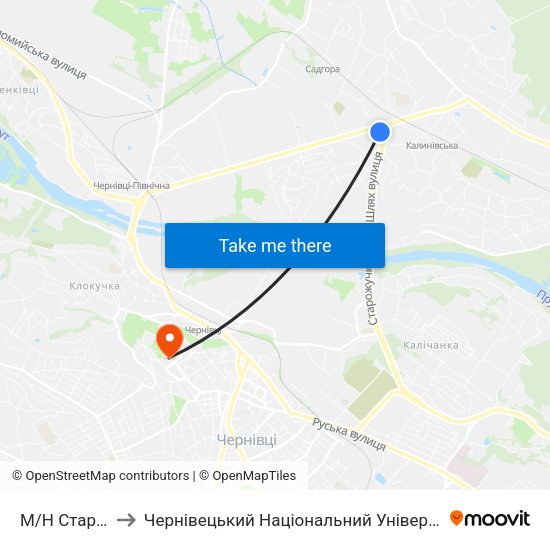 М/Н Стара Жучка to Чернівецький Національний Університет Ім.Ю.Федьковича map