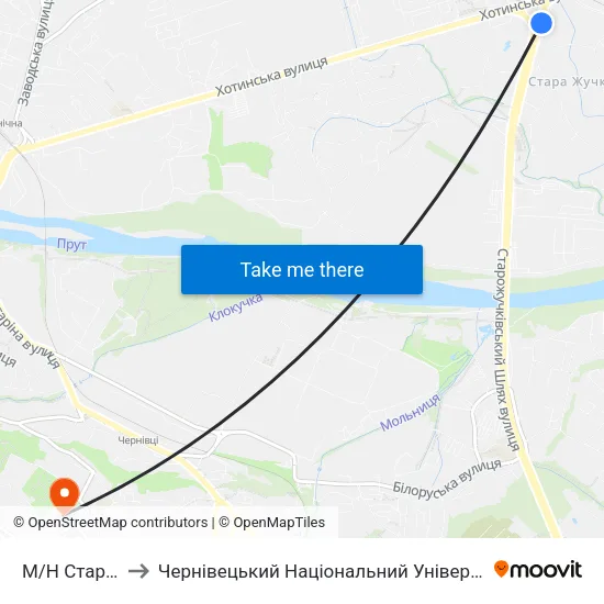М/Н Стара Жучка to Чернівецький Національний Університет Ім.Ю.Федьковича map