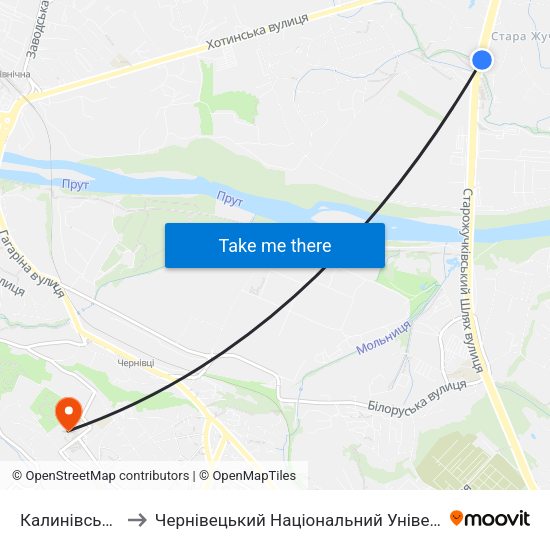 Калинівський Ринок to Чернівецький Національний Університет Ім.Ю.Федьковича map