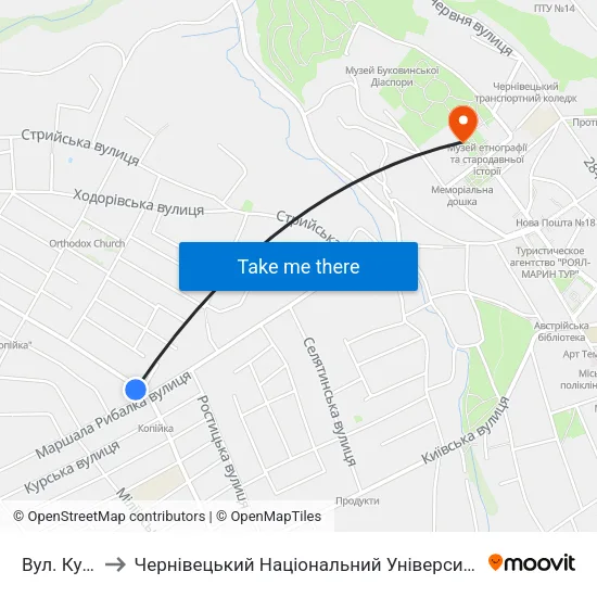 Вул. Курська to Чернівецький Національний Університет Ім.Ю.Федьковича map