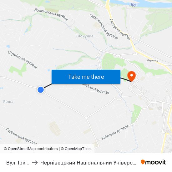 Вул. Іркутська to Чернівецький Національний Університет Ім.Ю.Федьковича map