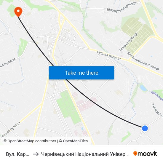Вул. Кармелюка to Чернівецький Національний Університет Ім.Ю.Федьковича map