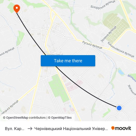 Вул. Кармелюка to Чернівецький Національний Університет Ім.Ю.Федьковича map