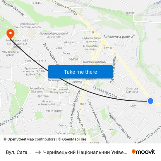 Вул. Сагайдачного to Чернівецький Національний Університет Ім.Ю.Федьковича map