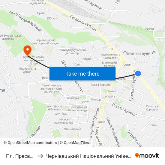 Пл. Пресвятої Марії to Чернівецький Національний Університет Ім.Ю.Федьковича map