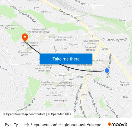 Вул. Турецька to Чернівецький Національний Університет Ім.Ю.Федьковича map