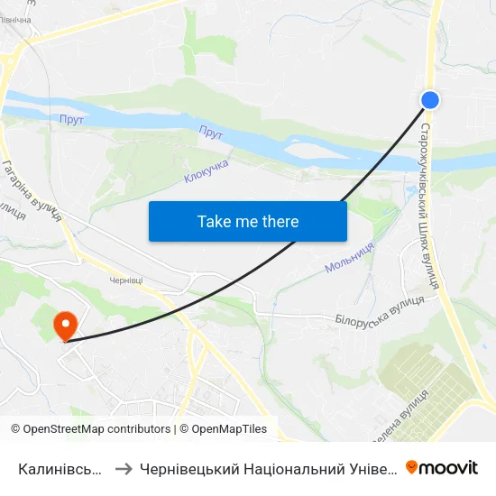 Калинівський Ринок to Чернівецький Національний Університет Ім.Ю.Федьковича map