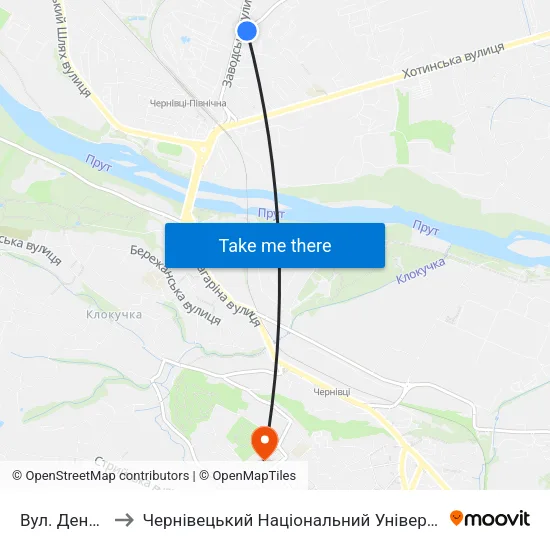 Вул. Денисівська to Чернівецький Національний Університет Ім.Ю.Федьковича map
