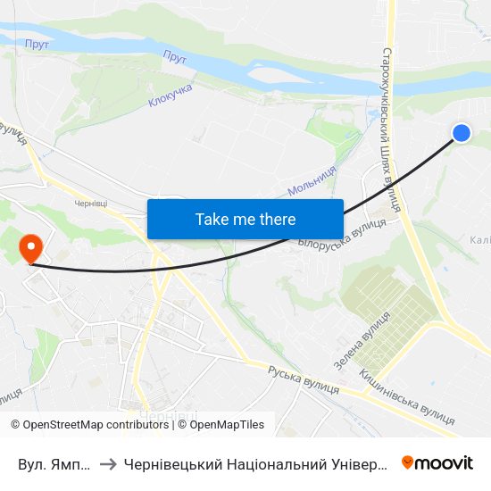 Вул. Ямпільська to Чернівецький Національний Університет Ім.Ю.Федьковича map