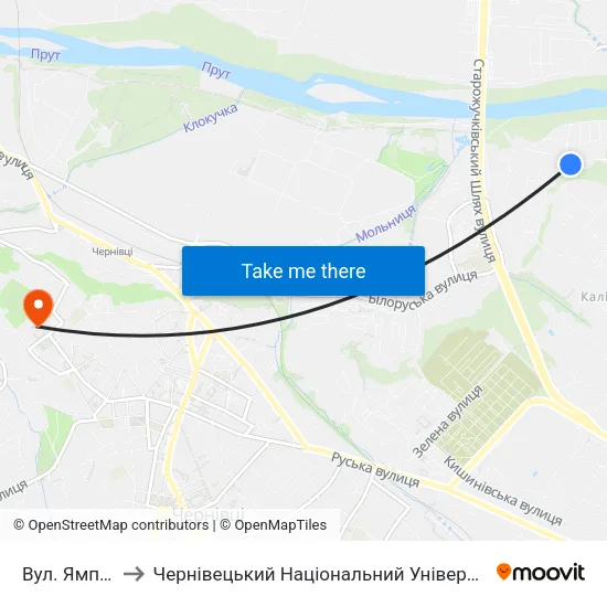 Вул. Ямпільська to Чернівецький Національний Університет Ім.Ю.Федьковича map