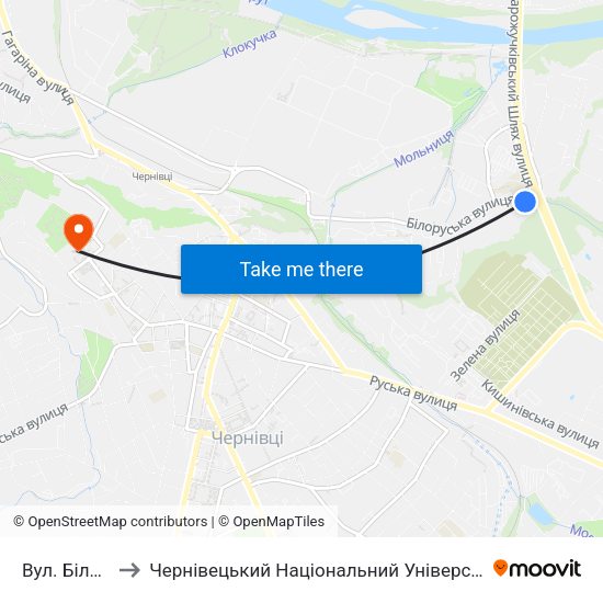 Вул. Білоруська to Чернівецький Національний Університет Ім.Ю.Федьковича map