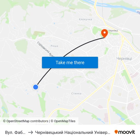 Вул. Фабриціуса to Чернівецький Національний Університет Ім.Ю.Федьковича map