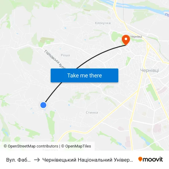 Вул. Фабриціуса to Чернівецький Національний Університет Ім.Ю.Федьковича map