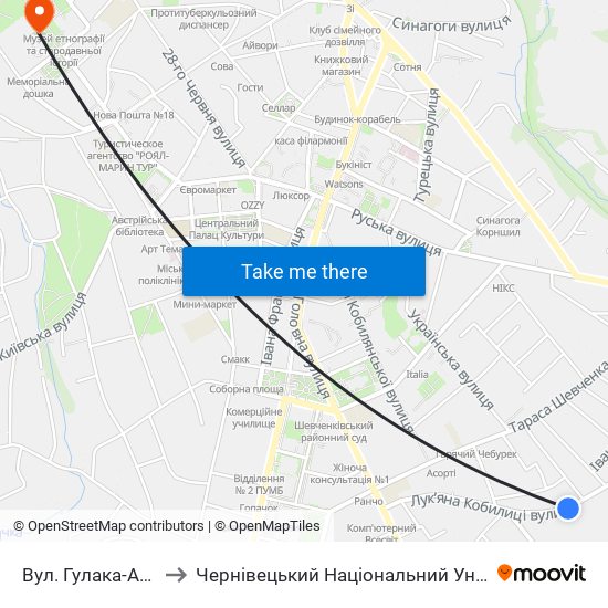 Вул. Гулака-Артемовського to Чернівецький Національний Університет Ім.Ю.Федьковича map