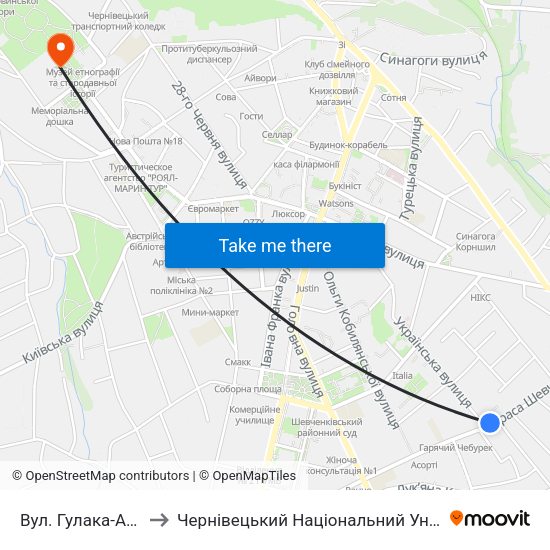 Вул. Гулака-Артемовського to Чернівецький Національний Університет Ім.Ю.Федьковича map