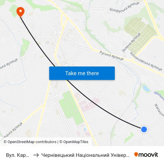 Вул. Кармелюка to Чернівецький Національний Університет Ім.Ю.Федьковича map