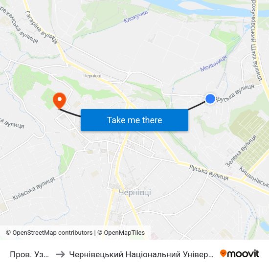 Пров. Узбецький to Чернівецький Національний Університет Ім.Ю.Федьковича map