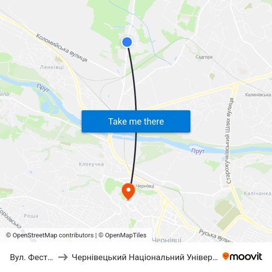 Вул. Фестивальна to Чернівецький Національний Університет Ім.Ю.Федьковича map