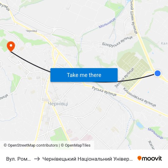 Вул. Ромашкова to Чернівецький Національний Університет Ім.Ю.Федьковича map