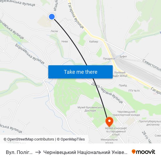 Вул. Полігонівська to Чернівецький Національний Університет Ім.Ю.Федьковича map