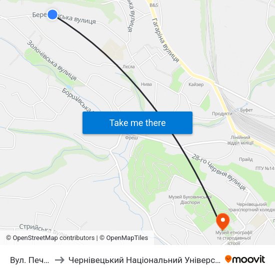 Вул. Печенізька to Чернівецький Національний Університет Ім.Ю.Федьковича map