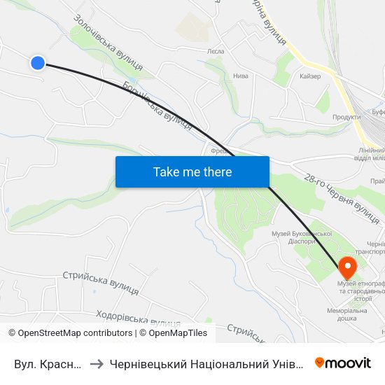 Вул. Красноградська to Чернівецький Національний Університет Ім.Ю.Федьковича map