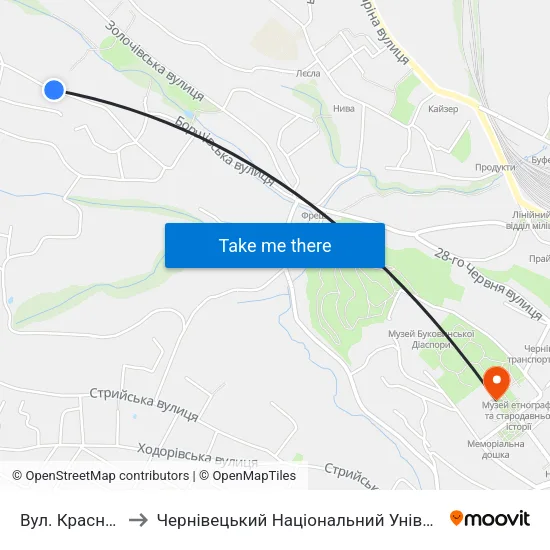 Вул. Красноградська to Чернівецький Національний Університет Ім.Ю.Федьковича map