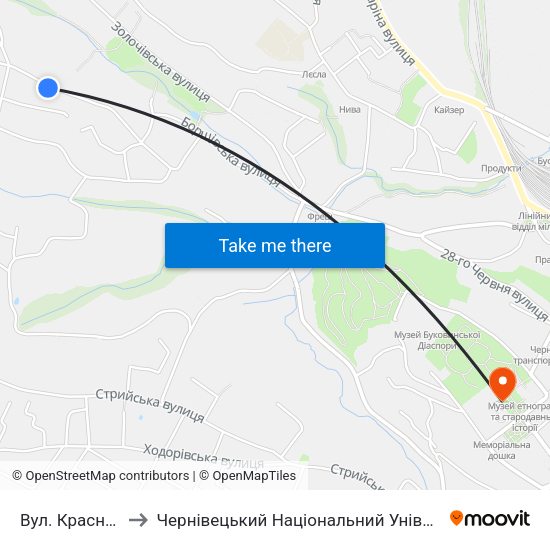 Вул. Красноградська to Чернівецький Національний Університет Ім.Ю.Федьковича map