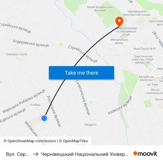 Вул. Сергіївська to Чернівецький Національний Університет Ім.Ю.Федьковича map