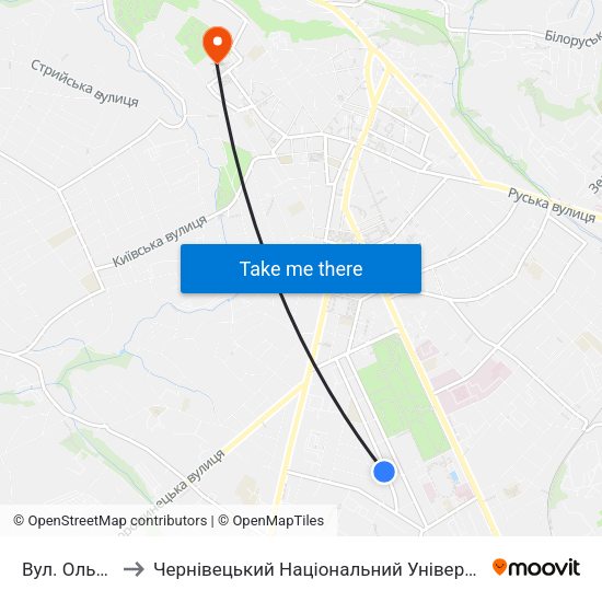Вул. Ольги Гузар to Чернівецький Національний Університет Ім.Ю.Федьковича map