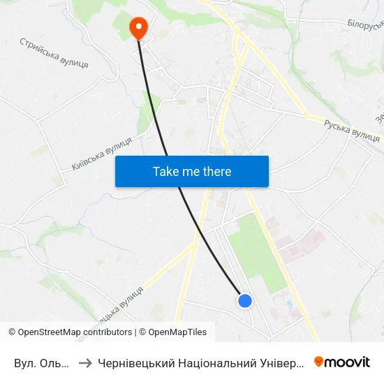 Вул. Ольги Гузар to Чернівецький Національний Університет Ім.Ю.Федьковича map