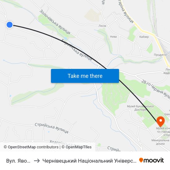 Вул. Яворівська to Чернівецький Національний Університет Ім.Ю.Федьковича map