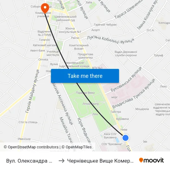 Вул. Олександра Щербанюка to Чернівецьке Вище Комерційне Училище map