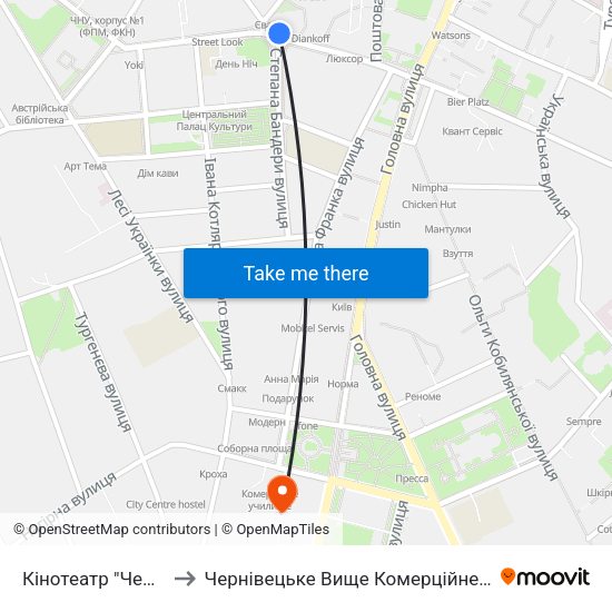 Кінотеатр "Чернівці" to Чернівецьке Вище Комерційне Училище map