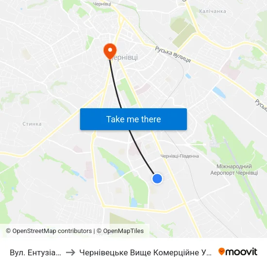 Вул. Ентузіастів to Чернівецьке Вище Комерційне Училище map