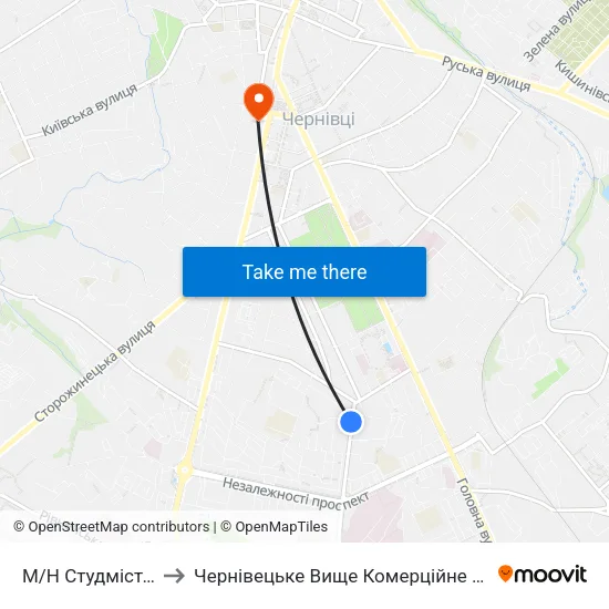 М/Н Студмістечко to Чернівецьке Вище Комерційне Училище map